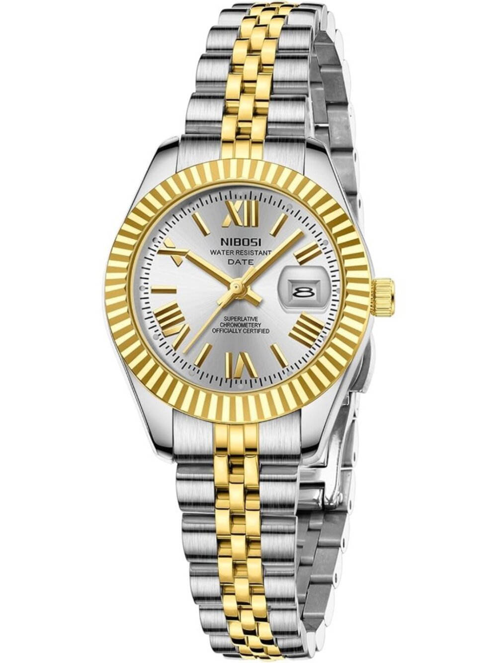 Stylish Women's Analog Quartz Watch with Gold Silver Stainless Steel Band, Date